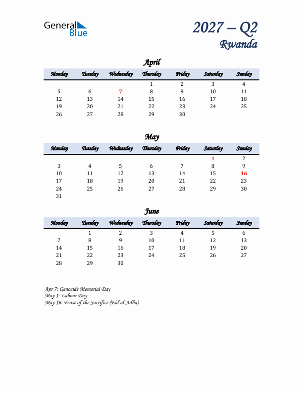 April, May, and June Calendar for Rwanda with Monday Start