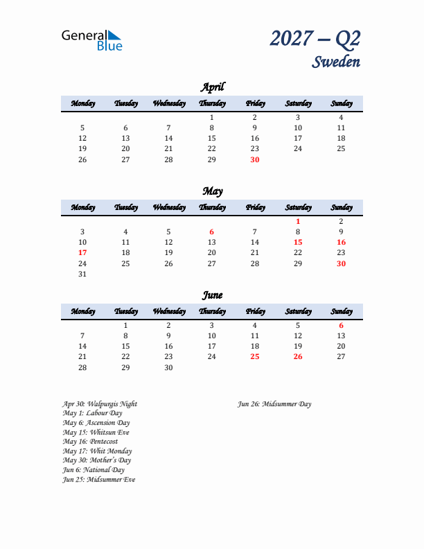 April, May, and June Calendar for Sweden with Monday Start