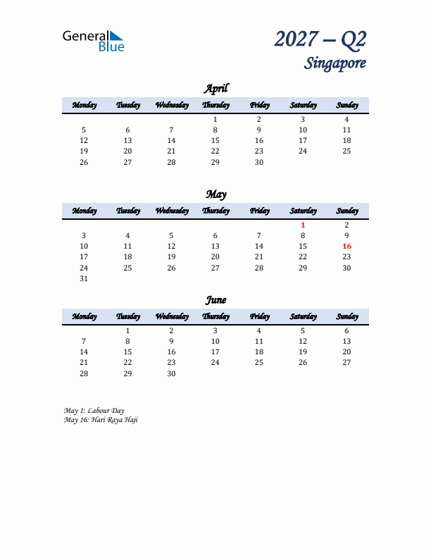 April, May, and June Calendar for Singapore with Monday Start