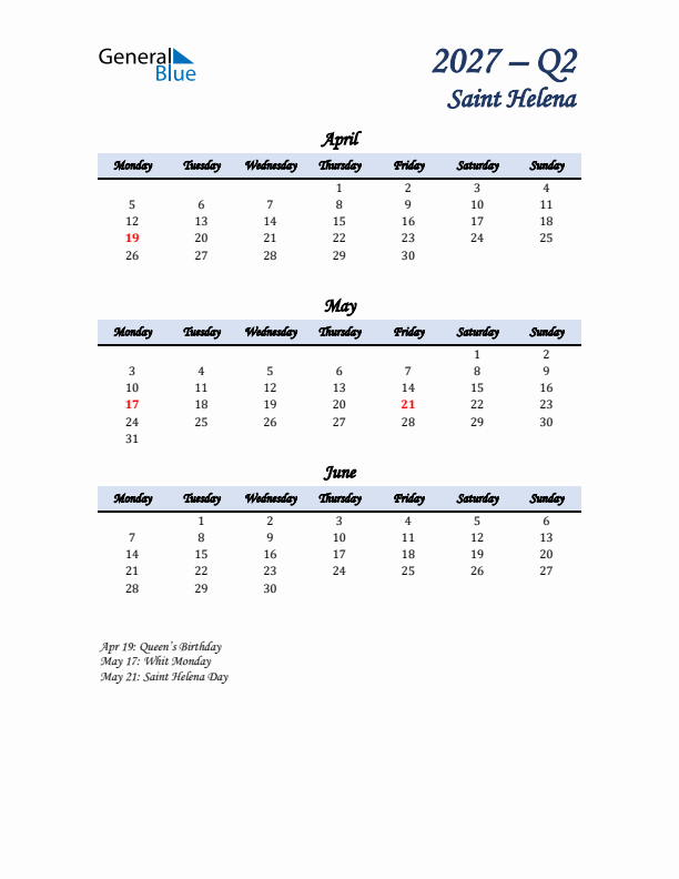 April, May, and June Calendar for Saint Helena with Monday Start