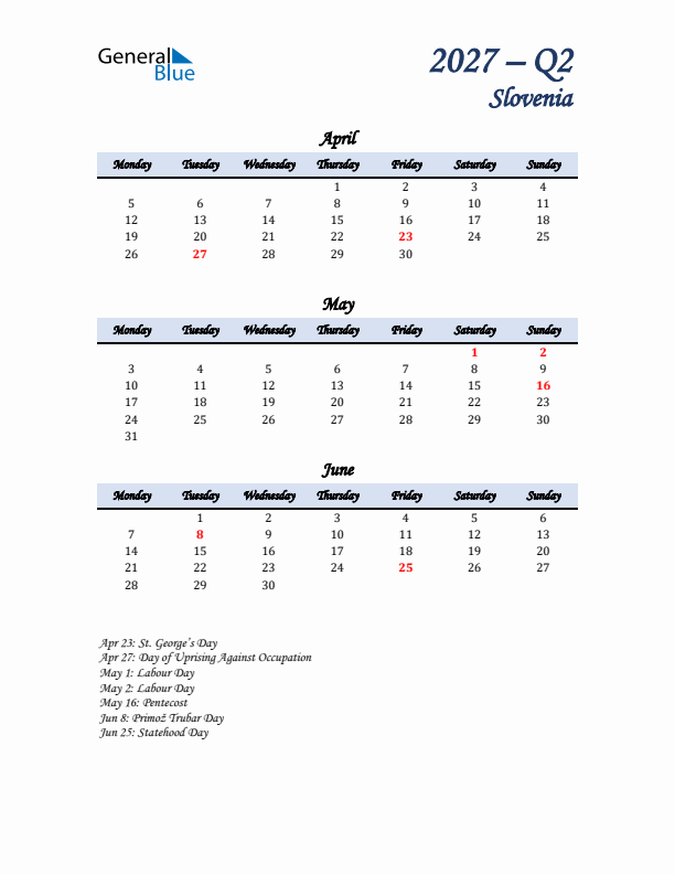 April, May, and June Calendar for Slovenia with Monday Start