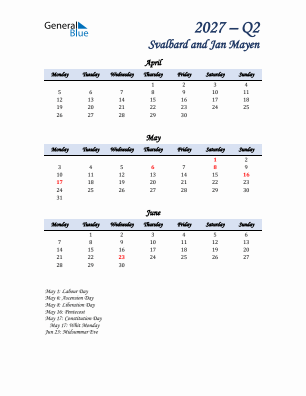 April, May, and June Calendar for Svalbard and Jan Mayen with Monday Start