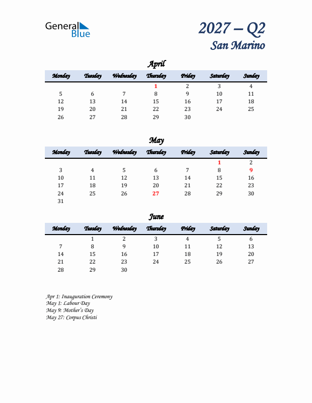 April, May, and June Calendar for San Marino with Monday Start