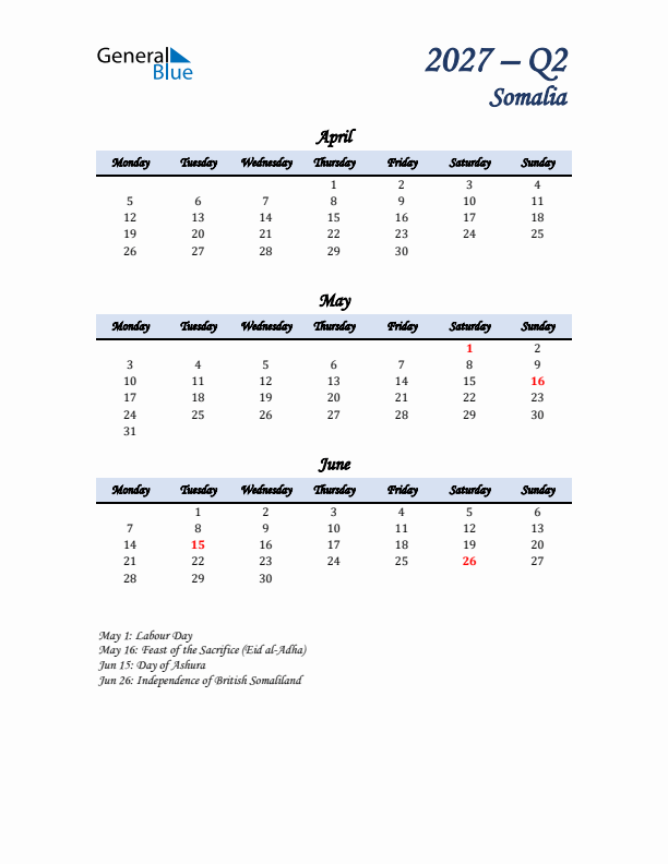 April, May, and June Calendar for Somalia with Monday Start