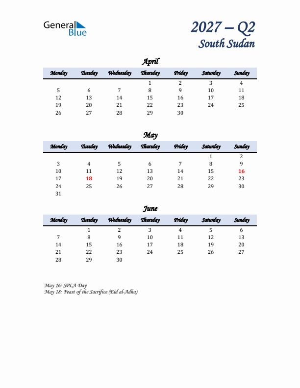 April, May, and June Calendar for South Sudan with Monday Start