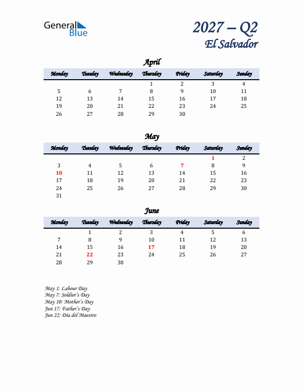 April, May, and June Calendar for El Salvador with Monday Start