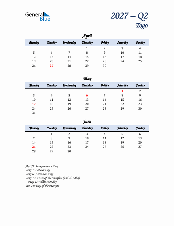 April, May, and June Calendar for Togo with Monday Start