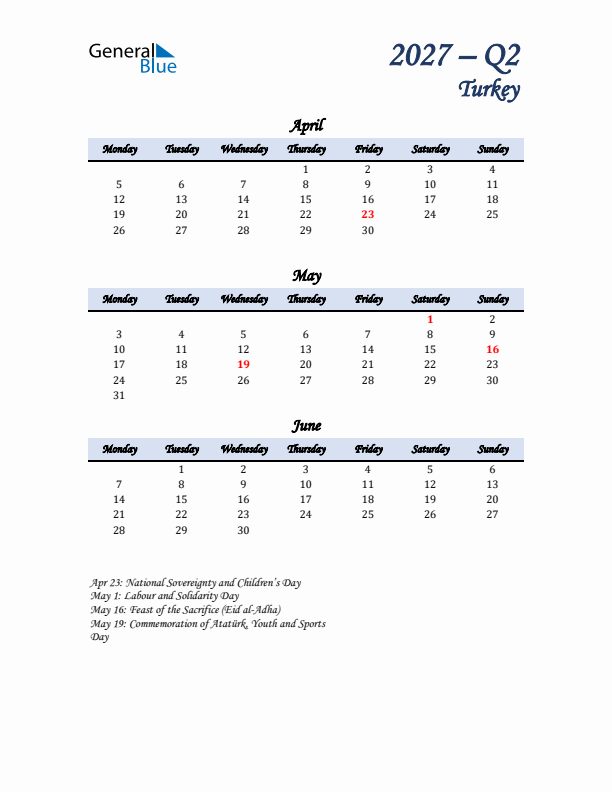 April, May, and June Calendar for Turkey with Monday Start