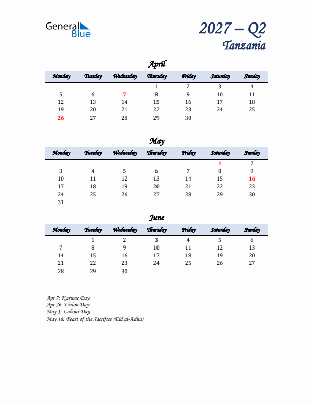 April, May, and June Calendar for Tanzania with Monday Start