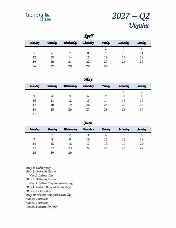 April, May, and June Calendar for Ukraine with Monday Start