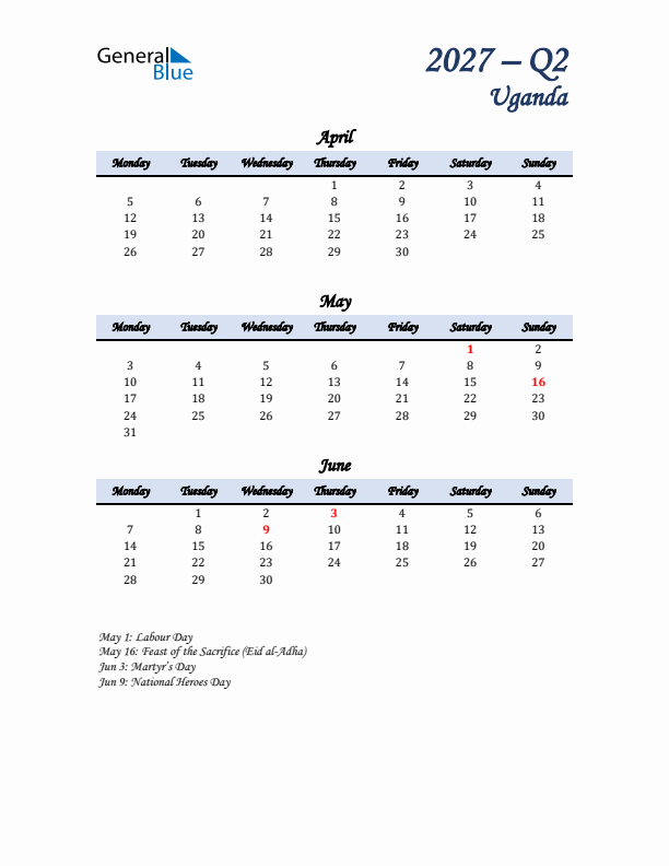 April, May, and June Calendar for Uganda with Monday Start