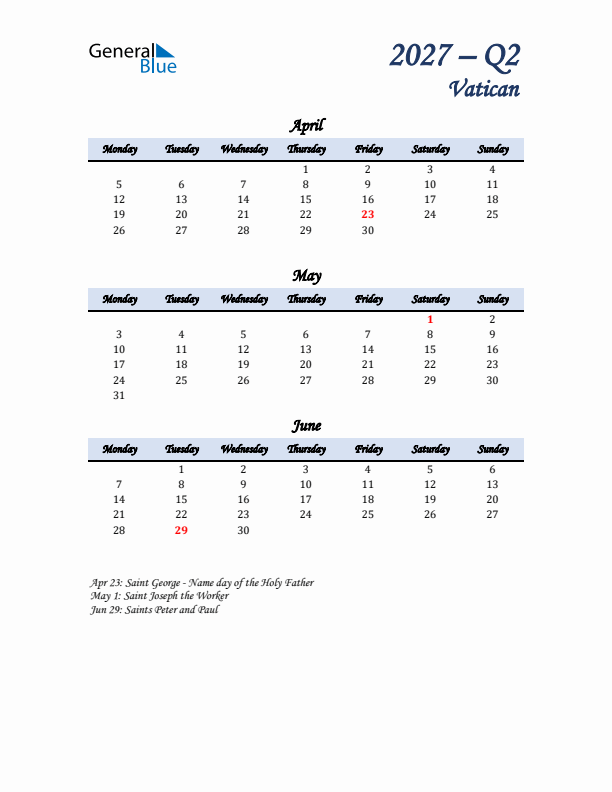 April, May, and June Calendar for Vatican with Monday Start