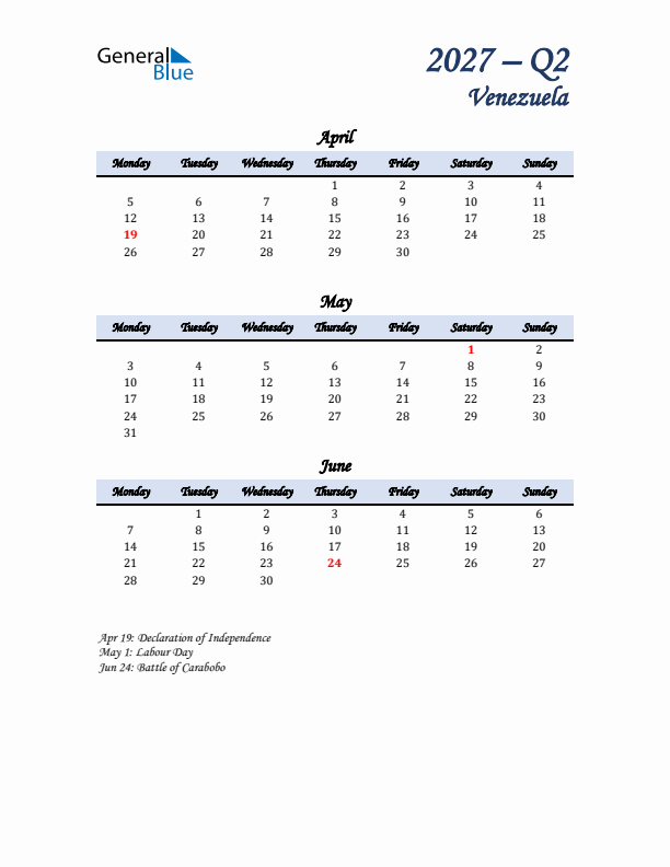 April, May, and June Calendar for Venezuela with Monday Start