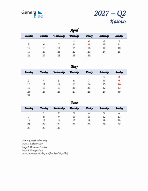 April, May, and June Calendar for Kosovo with Monday Start