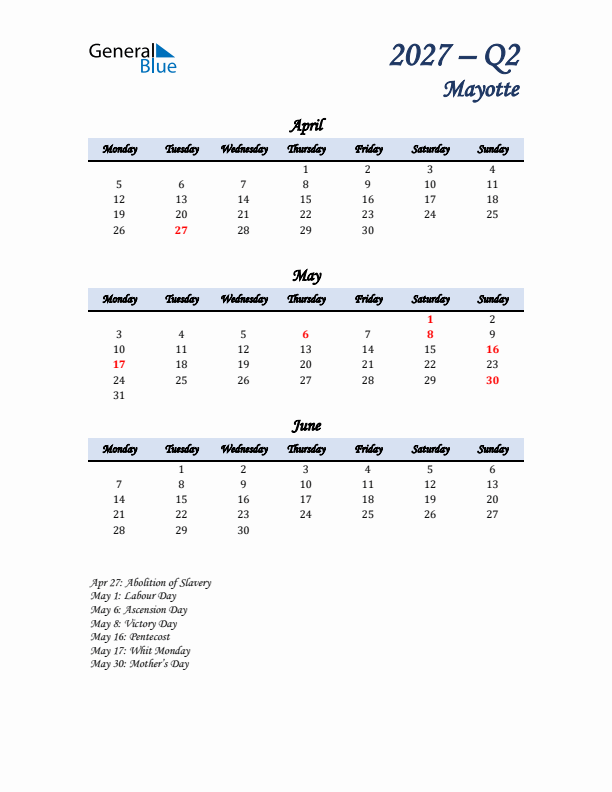 April, May, and June Calendar for Mayotte with Monday Start