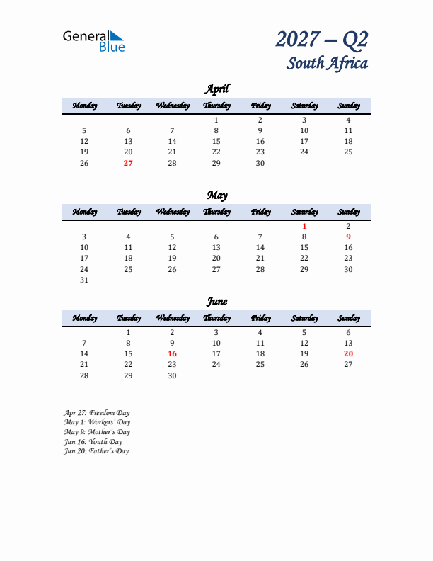 April, May, and June Calendar for South Africa with Monday Start