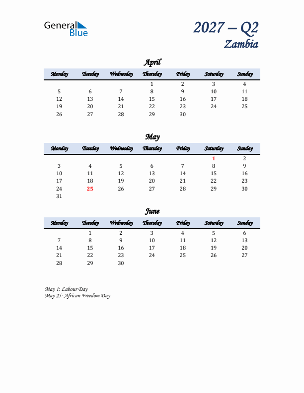 April, May, and June Calendar for Zambia with Monday Start