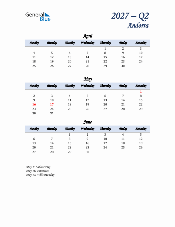 April, May, and June Calendar for Andorra with Sunday Start