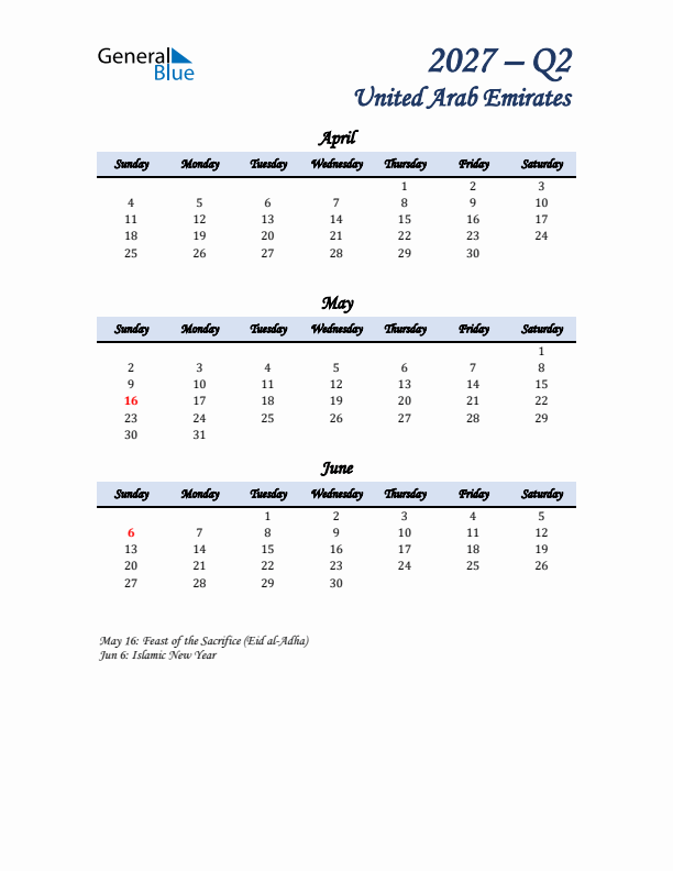 April, May, and June Calendar for United Arab Emirates with Sunday Start