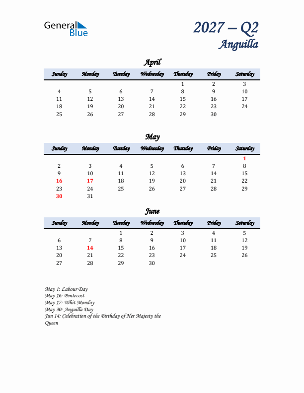 April, May, and June Calendar for Anguilla with Sunday Start