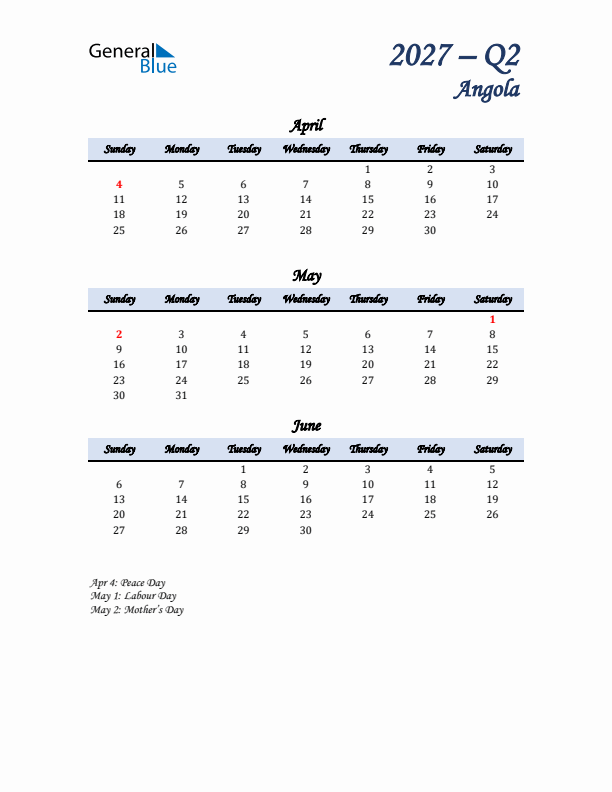 April, May, and June Calendar for Angola with Sunday Start