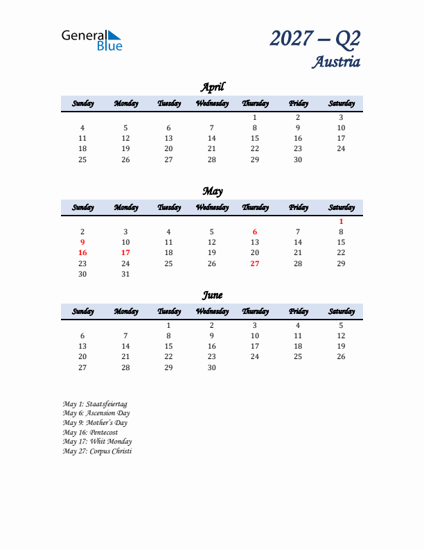 April, May, and June Calendar for Austria with Sunday Start