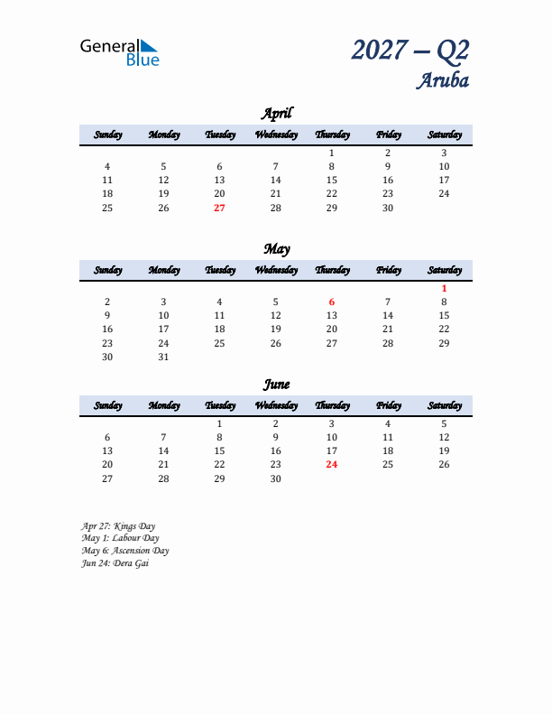 April, May, and June Calendar for Aruba with Sunday Start