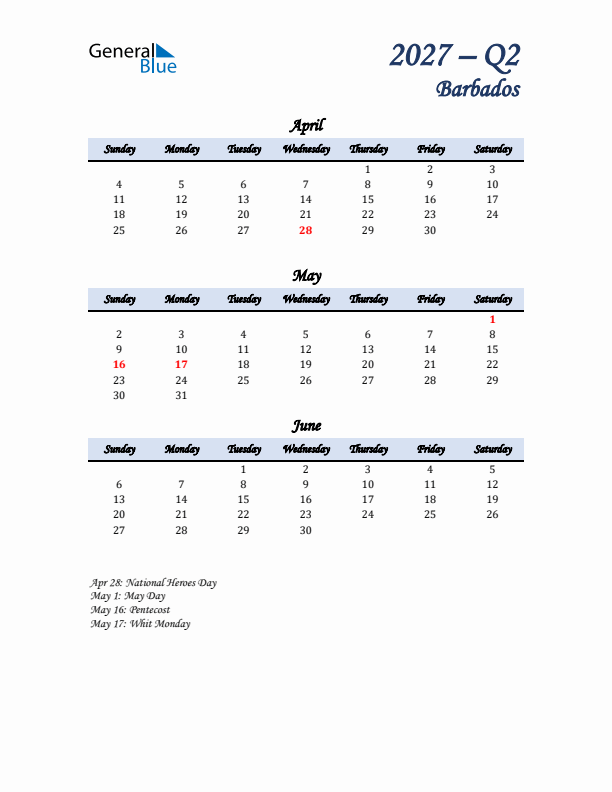 April, May, and June Calendar for Barbados with Sunday Start