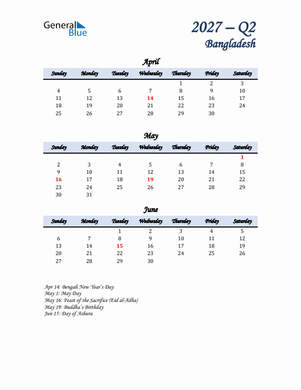 April, May, and June Calendar for Bangladesh with Sunday Start