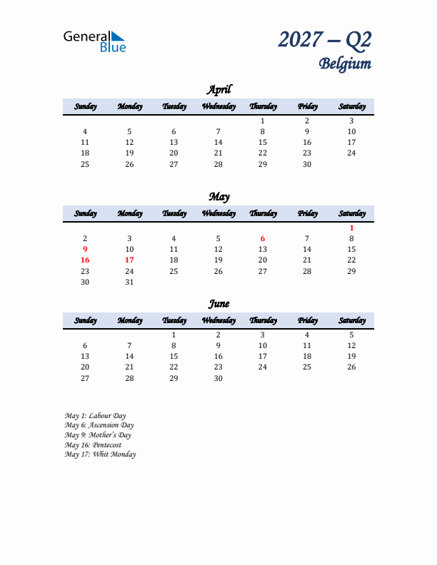 April, May, and June Calendar for Belgium with Sunday Start