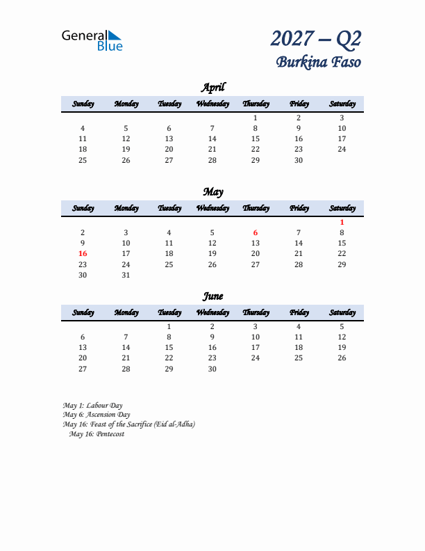 April, May, and June Calendar for Burkina Faso with Sunday Start