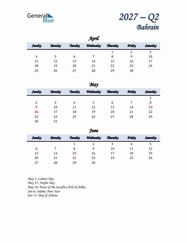 April, May, and June Calendar for Bahrain with Sunday Start