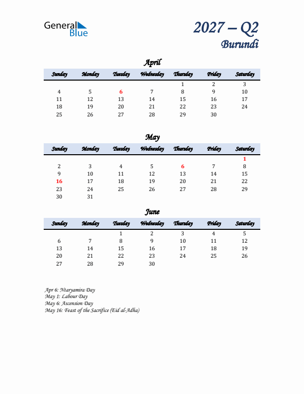 April, May, and June Calendar for Burundi with Sunday Start