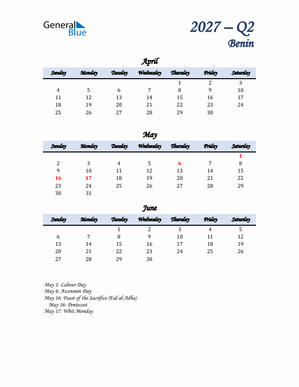 April, May, and June Calendar for Benin with Sunday Start