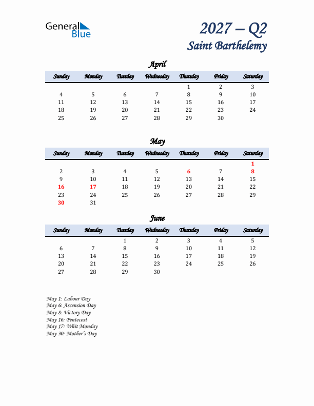 April, May, and June Calendar for Saint Barthelemy with Sunday Start