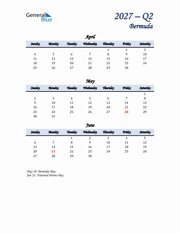 April, May, and June Calendar for Bermuda with Sunday Start