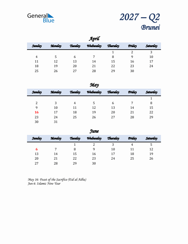 April, May, and June Calendar for Brunei with Sunday Start