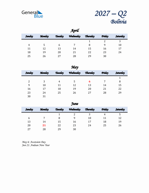 April, May, and June Calendar for Bolivia with Sunday Start