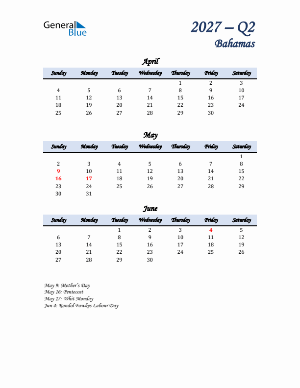 April, May, and June Calendar for Bahamas with Sunday Start