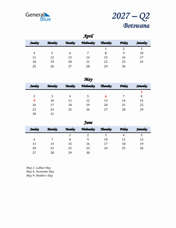 April, May, and June Calendar for Botswana with Sunday Start