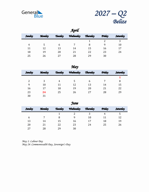 April, May, and June Calendar for Belize with Sunday Start