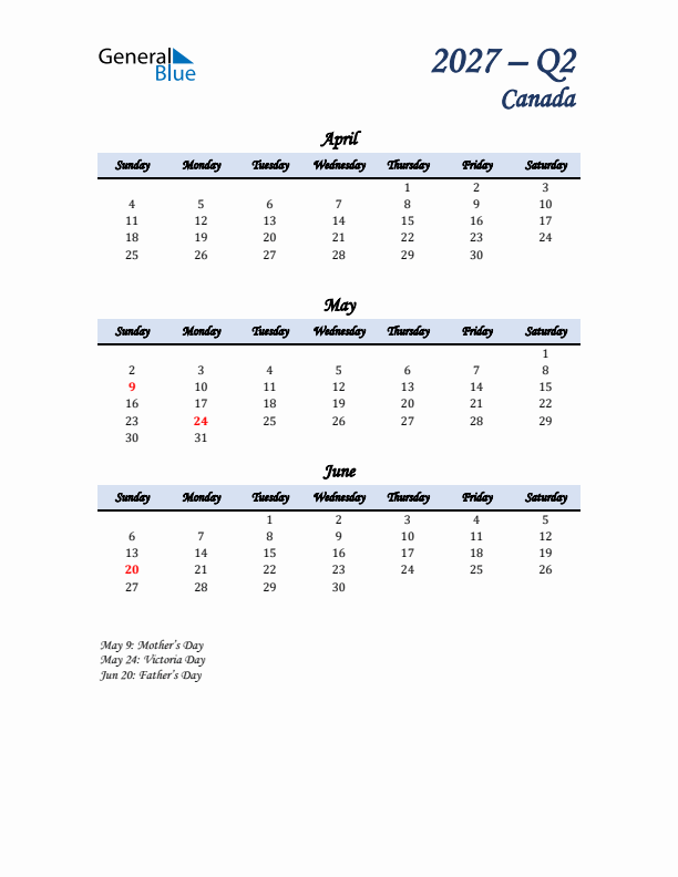 April, May, and June Calendar for Canada with Sunday Start