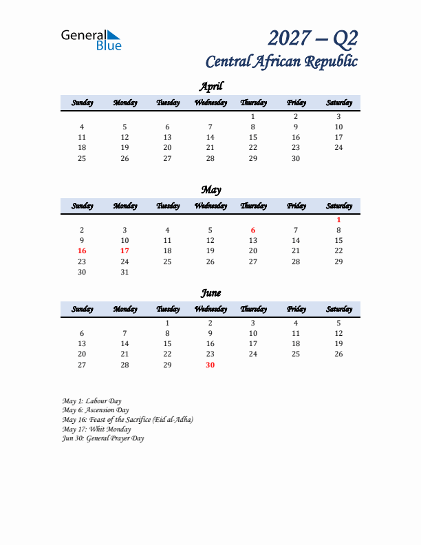 April, May, and June Calendar for Central African Republic with Sunday Start