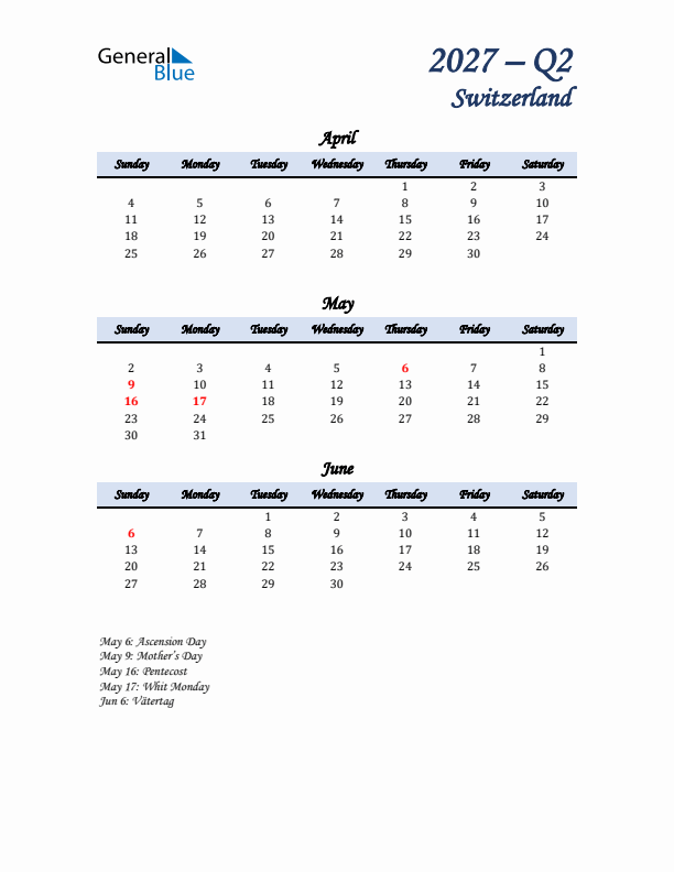 April, May, and June Calendar for Switzerland with Sunday Start