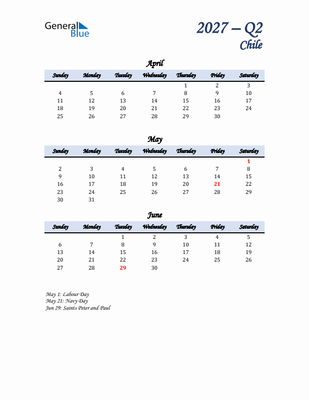 April, May, and June Calendar for Chile with Sunday Start