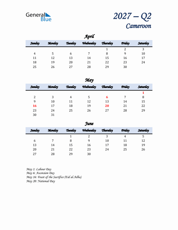 April, May, and June Calendar for Cameroon with Sunday Start