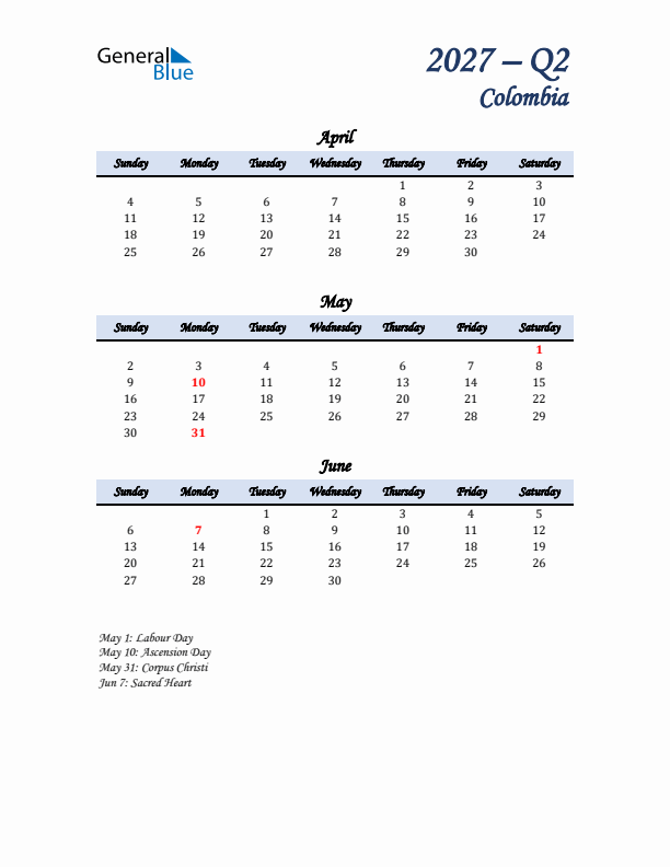 April, May, and June Calendar for Colombia with Sunday Start