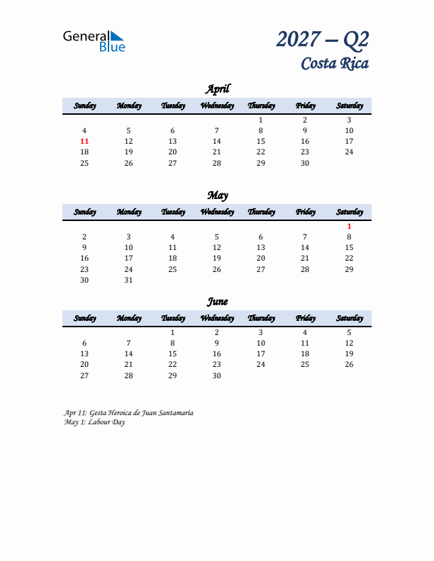 April, May, and June Calendar for Costa Rica with Sunday Start