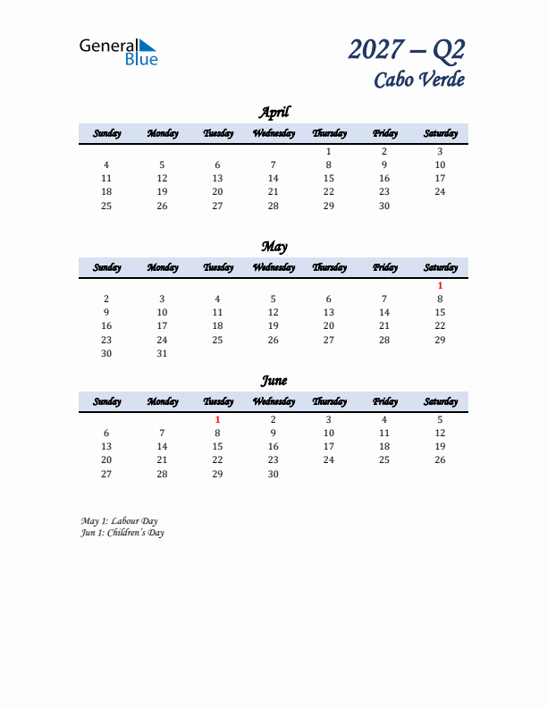 April, May, and June Calendar for Cabo Verde with Sunday Start