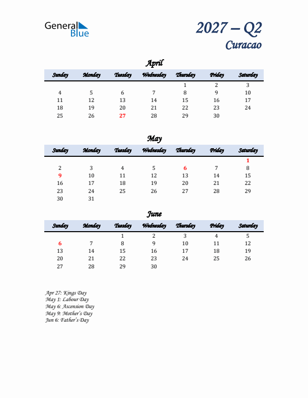 April, May, and June Calendar for Curacao with Sunday Start